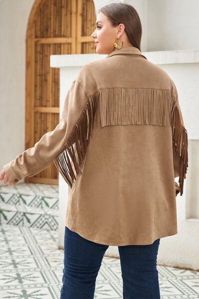 Plus Size Fringe Trim Snap Down Long Sleeve Shacket  Shop One Place