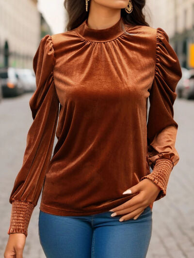 Tied Mock Neck Puff Sleeve Blouse