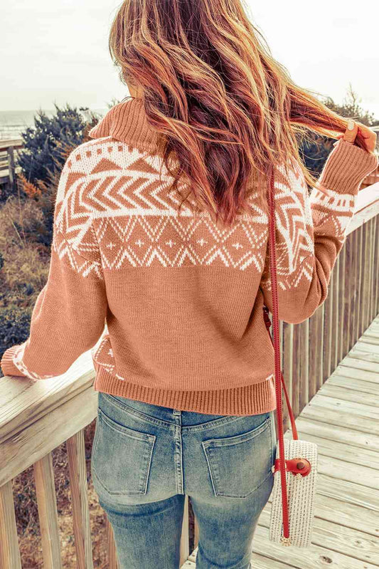 Zip-Up Mock Neck Dropped Shoulder Pullover Sweater  Shop One Place