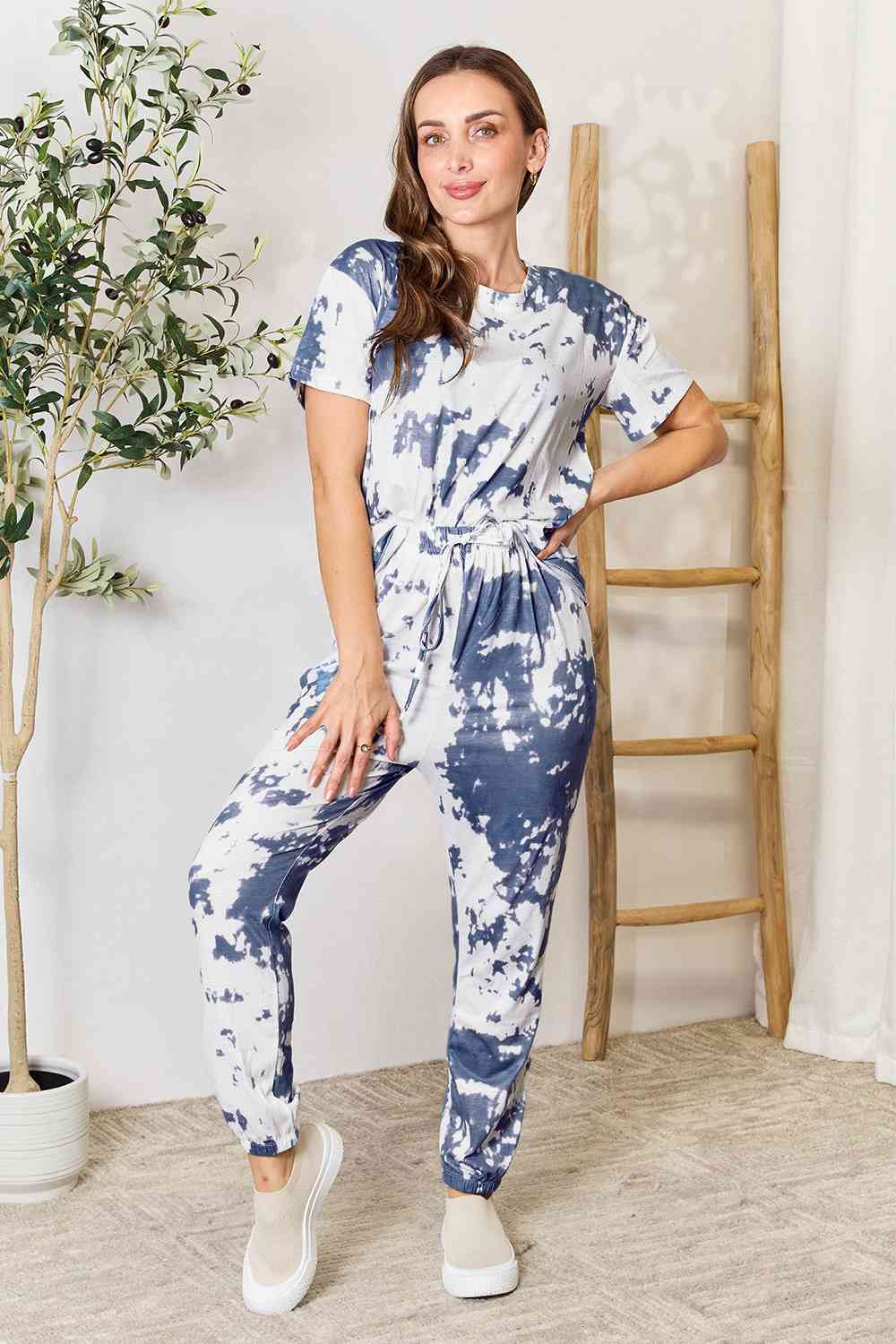 Double Take Tie-Dye Tee and Drawstring Waist Joggers Lounge Set