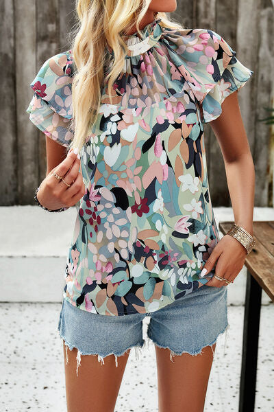 Printed Ruffled Mock Neck Blouse  Shop One Place