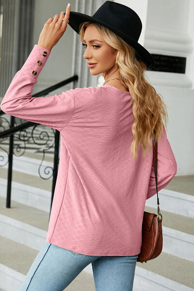 Decorative button V-Neck Lantern Sleeve T-Shirt