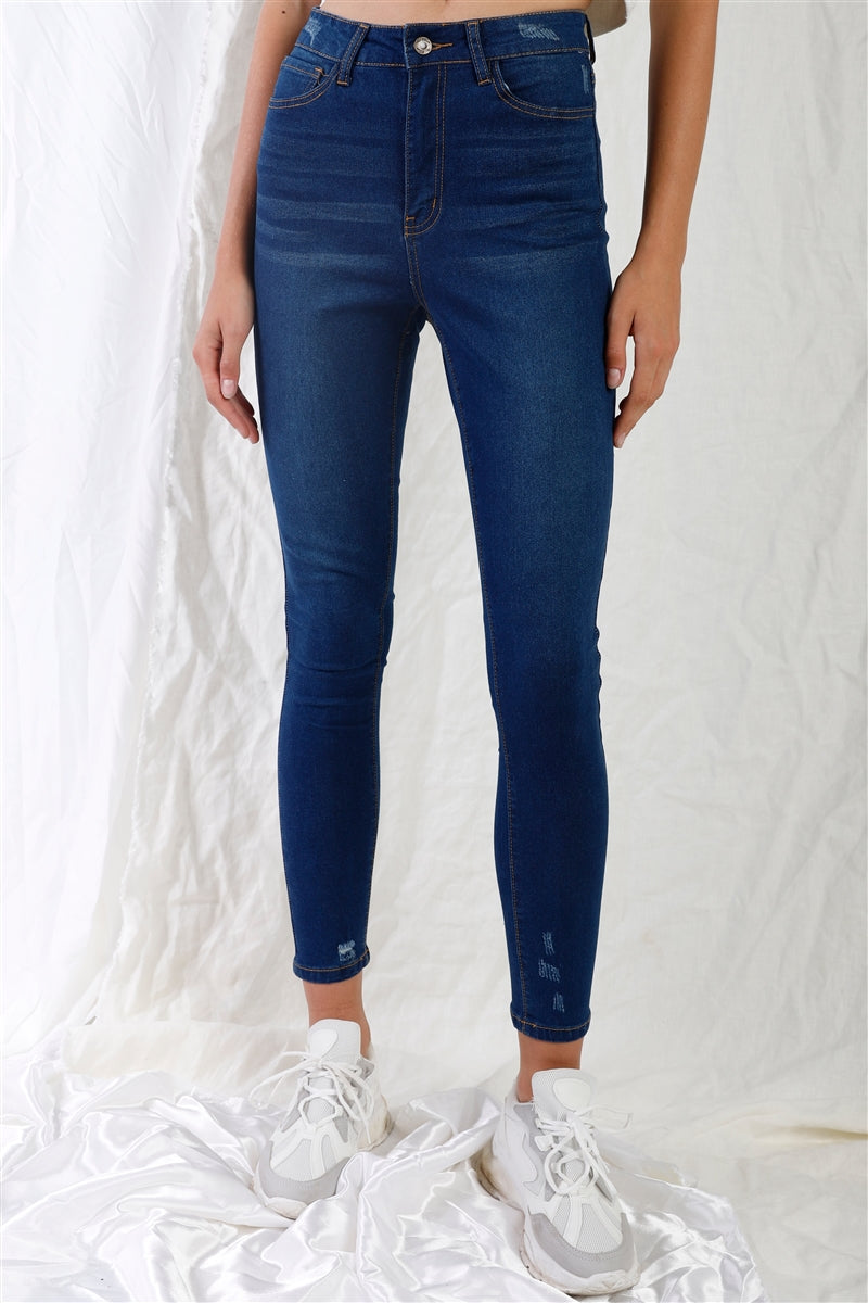 Dark Blue High-waisted With Rips Skinny Denim Jeans