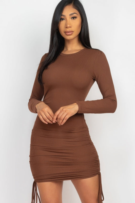 Ribbed long sleeve drawstring bodycon dress  Shop One Place