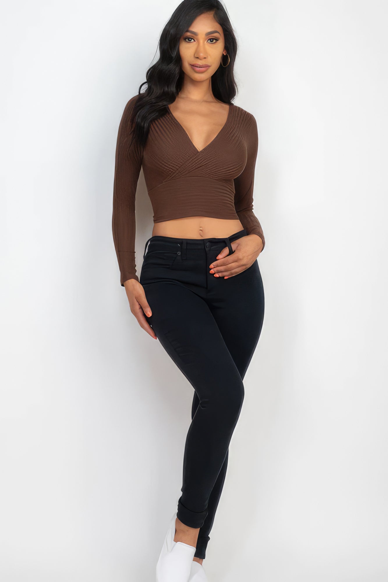 Ribbed Wrap Front Long Sleeve Top