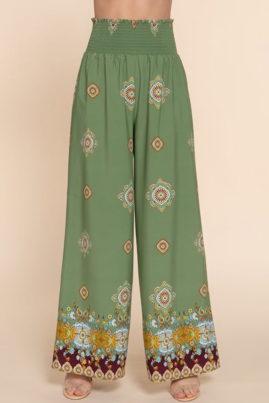 Wide Leg Border Print Woven Pants