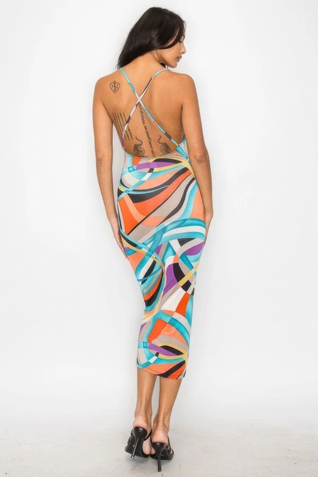 Crossed Back Marble Print Multicolor Midi Dress