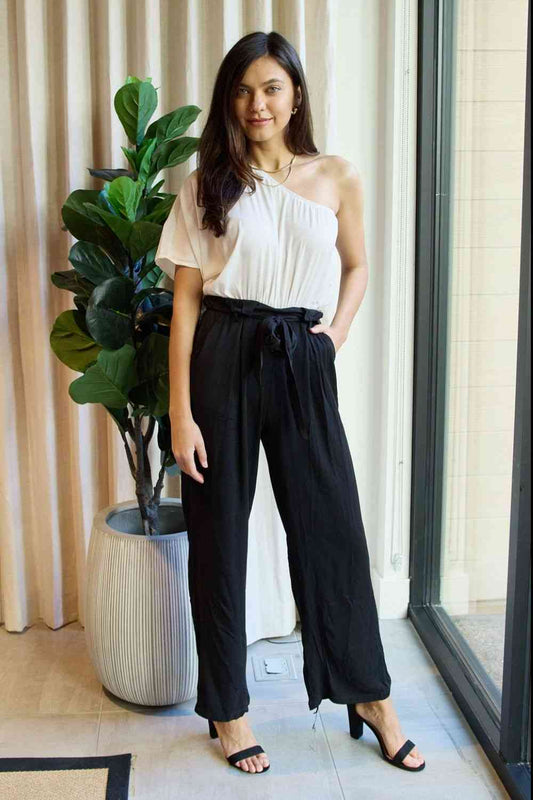 Dress Day Marvelous in Manhattan One-Shoulder Jumpsuit in White/Black