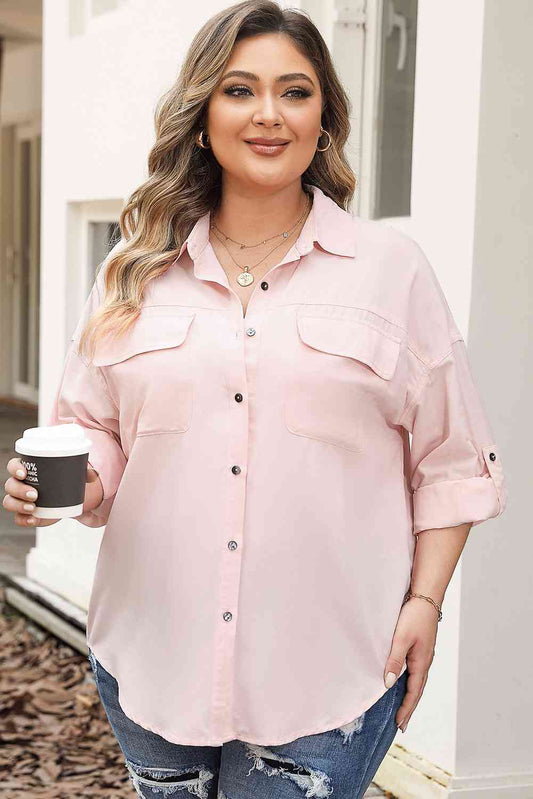 Plus Size Collared Neck Button Front Long Sleeve Shirt  Shop One Place