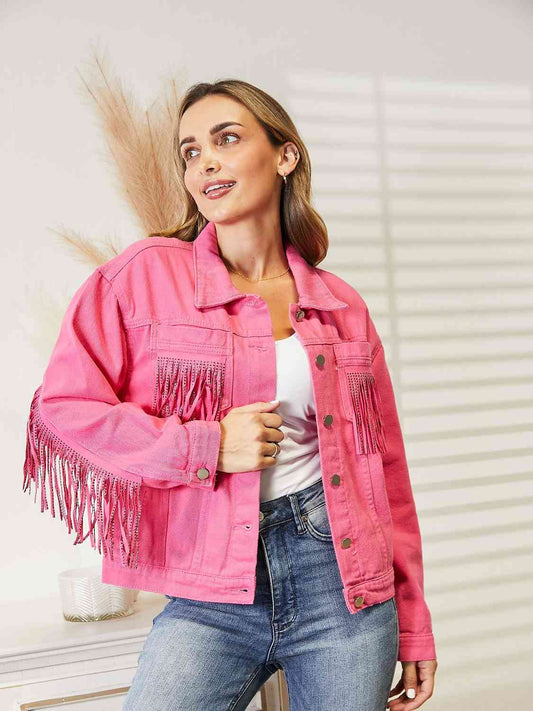 Fringe Detail Dropped Shoulder Denim Jacket