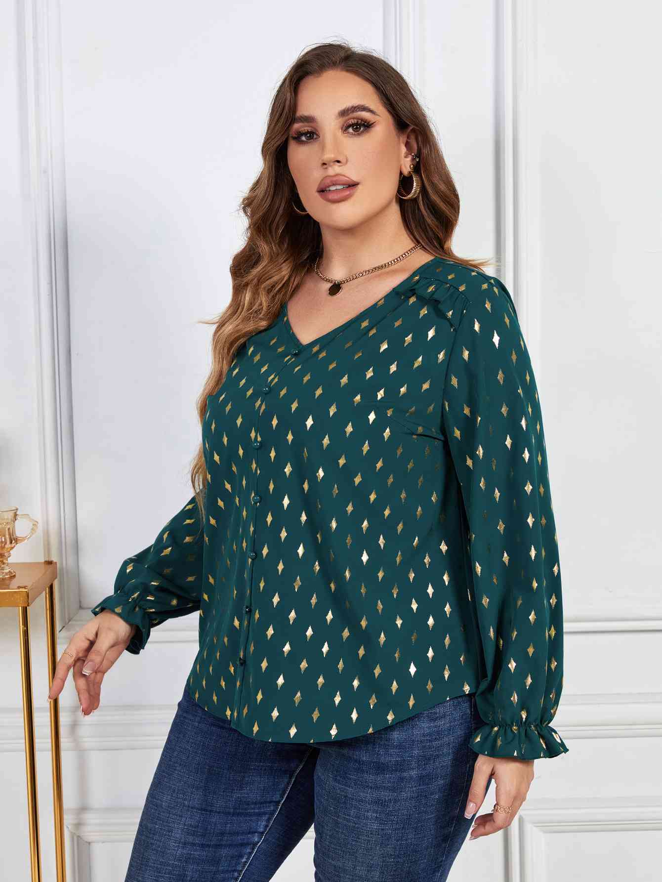 Melo Apparel Plus Size Printed Frill Trim Flounce Sleeve Blouse