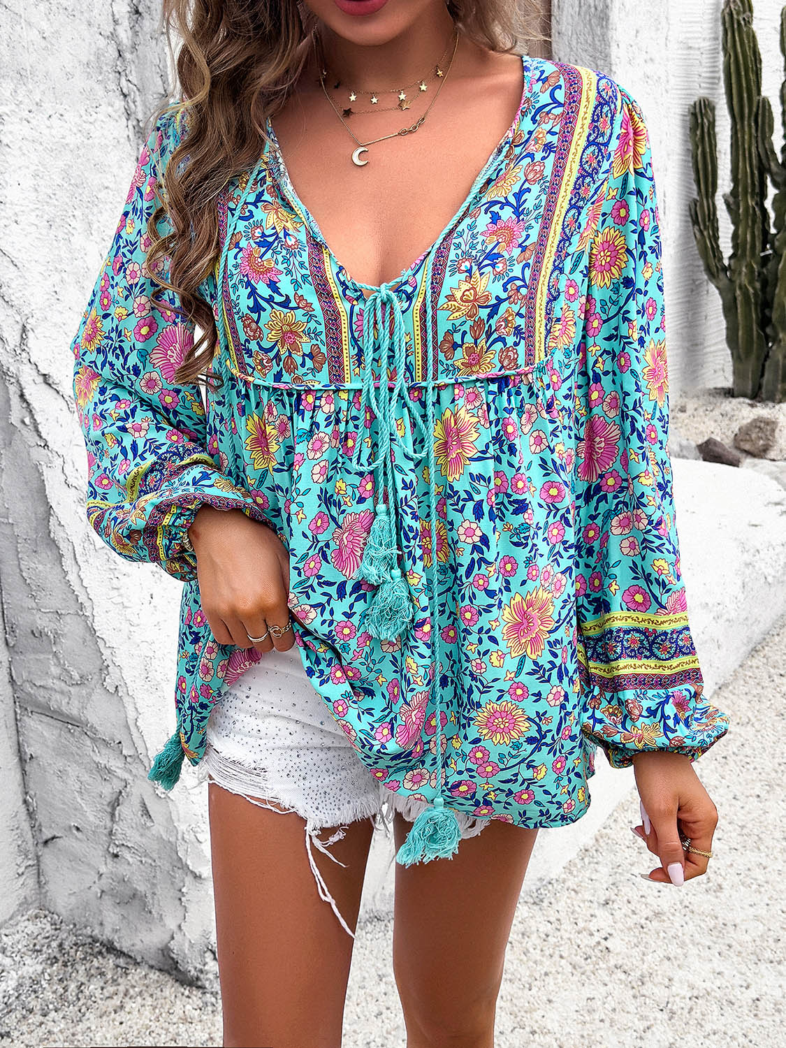 Printed Tie Neck Long Sleeve Blouse  Shop One Place