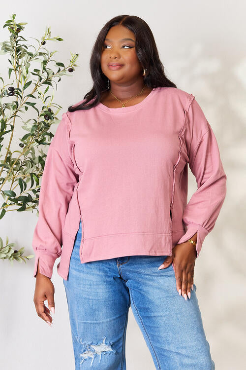 Culture Code Full Size Round Neck Exposed Seam Slit Top  Shop One Place