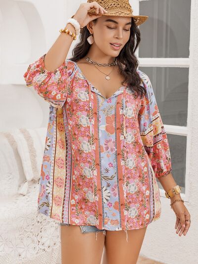 Plus Size Printed Tie Neck Balloon Sleeve Blouse  Shop One Place