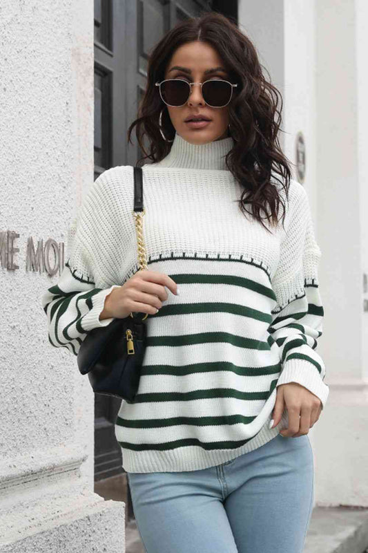 Striped Turtleneck Drop Shoulder Sweater  Shop One Place