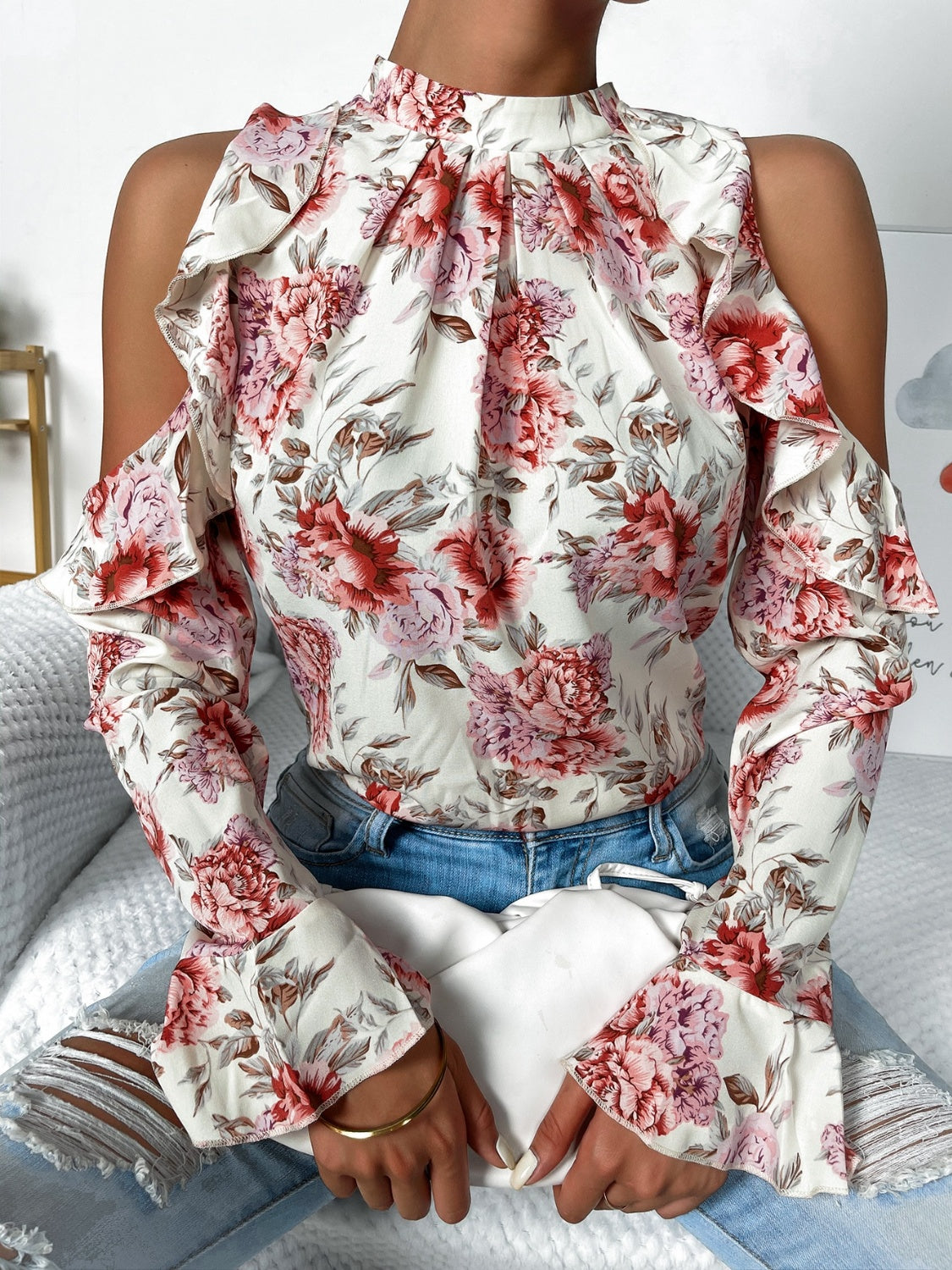 Floral Cold Shoulder Ruffle Trim Blouse