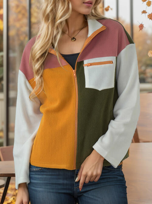 Color Block Zip-Up Long Sleeve Jacket