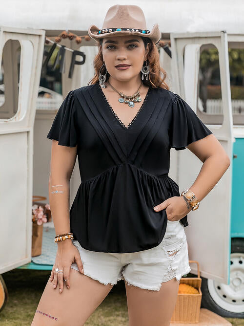 Plus Size V-Neck Flutter Sleeve Blouse  Shop One Place