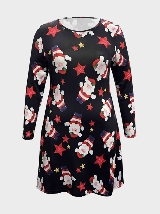 Plus Size Santa Printed Round Neck Dress  Shop One Place