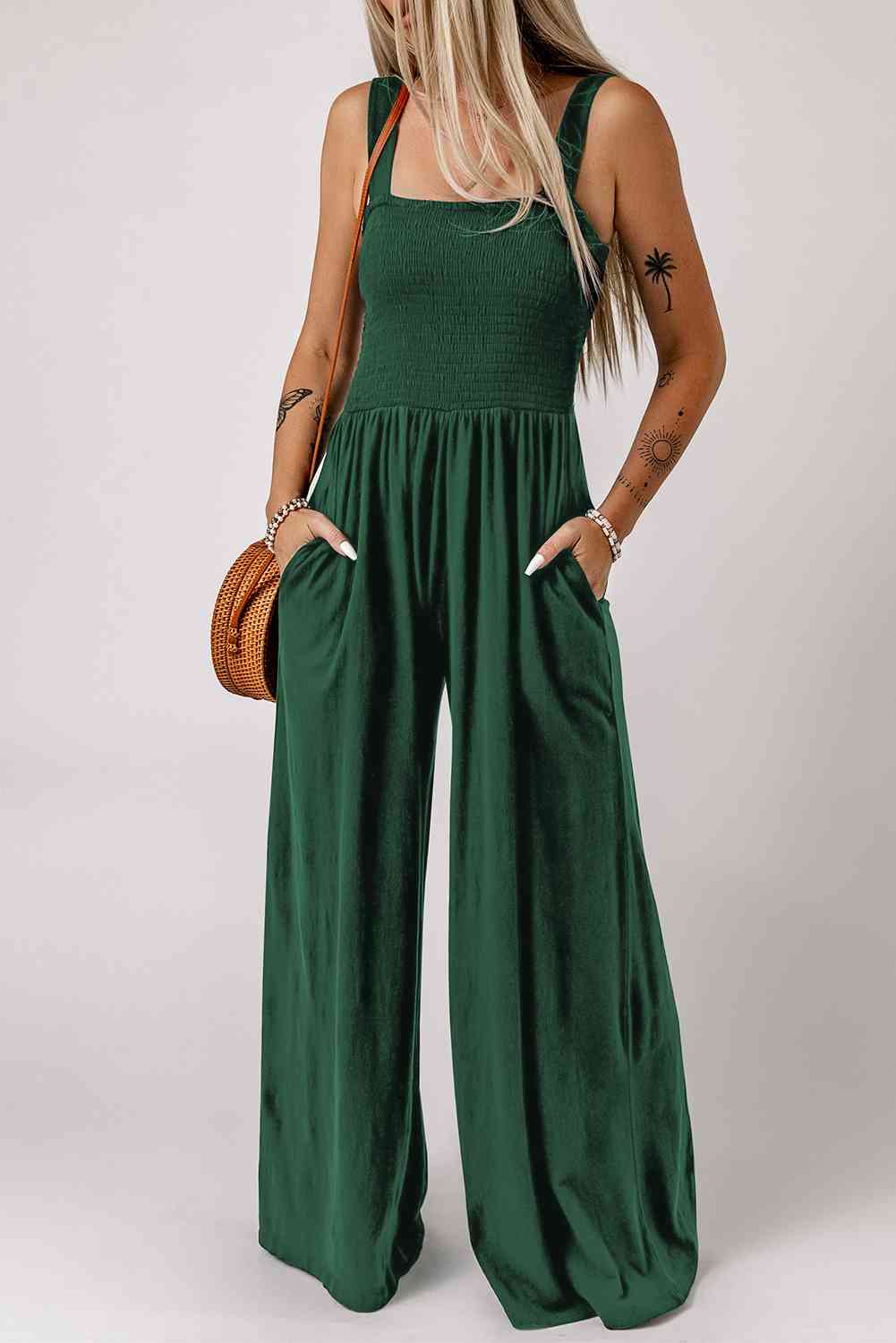 Smocked Square Neck Wide Leg Jumpsuit with Pockets  Shop One Place