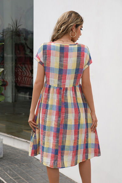 Plaid Round Neck Cap Sleeve Dress