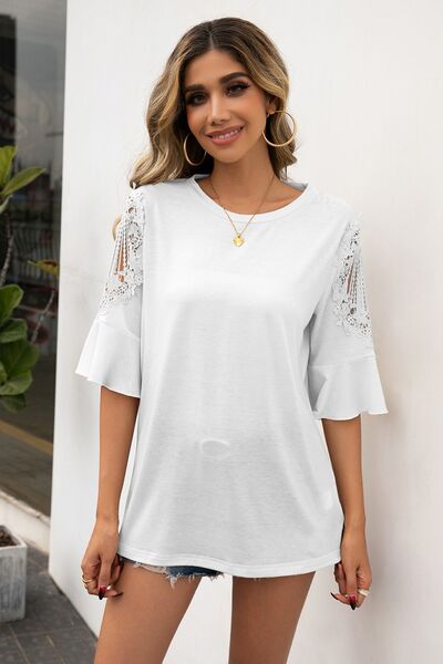 Ruffled Cutout Round Neck Half Sleeve T-Shirt