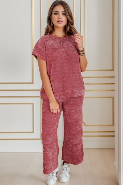 Round Neck Short Sleeve Top and Pants Set  Shop One Place