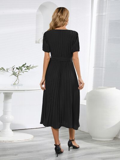 Pleated Surplice Tie Waist Midi Dress