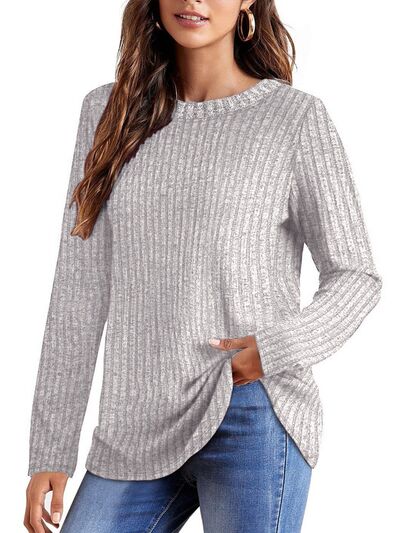 Ribbed Round Neck Long Sleeve Blouse