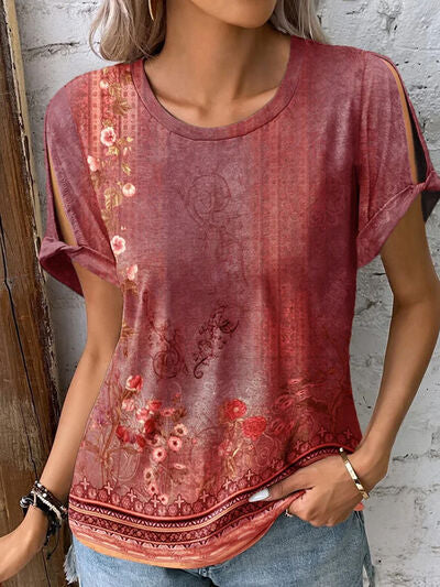 Printed Round Neck Short Sleeve T-Shirt  Shop One Place