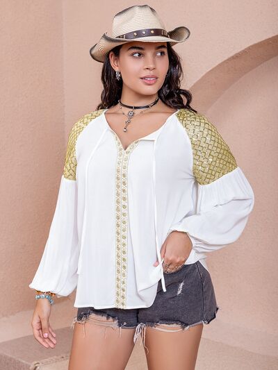 Plus Size Sequin Tie Neck Dropped Shoulder Blouse  Shop One Place