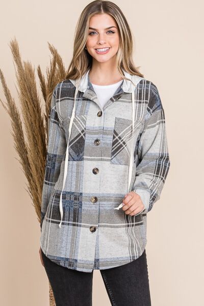 Reborn J Plaid Button Up Drawstring Hooded Jacket