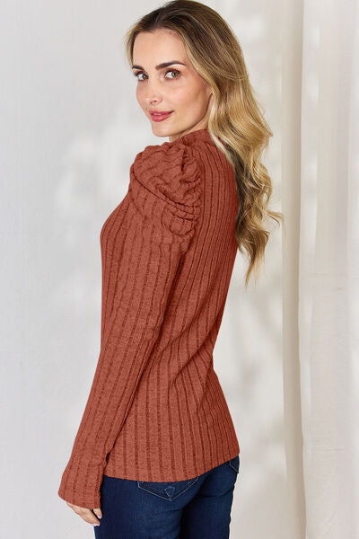 Basic Bae Full Size Ribbed Mock Neck Puff Sleeve T-Shirt  Shop One Place