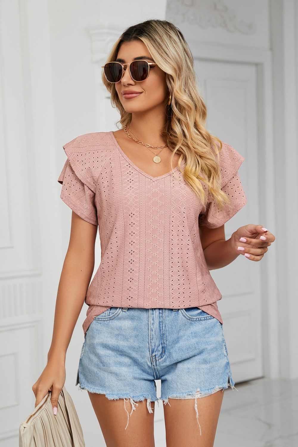 Eyelet Layered Flutter Sleeve V-Neck Knit Top  Shop One Place