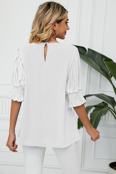 Frill Round Neck Lantern Sleeve T-Shirt