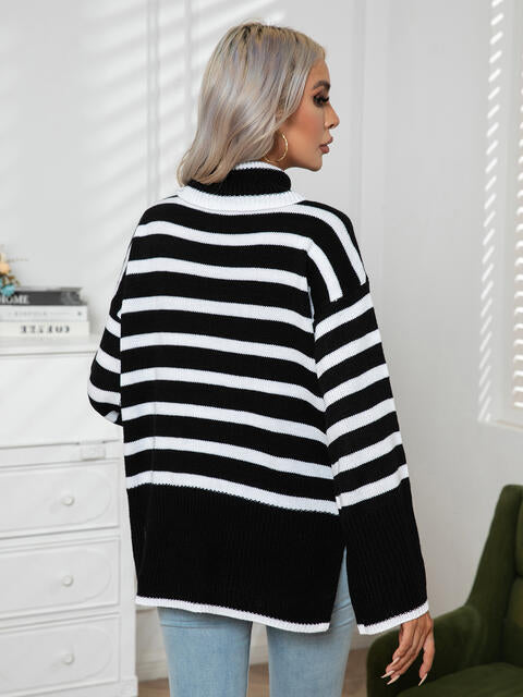 Striped Slit Turtleneck Drop Shoulder Sweater  Shop One Place