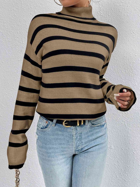Striped Turtleneck Drop Shoulder Sweater  Shop One Place