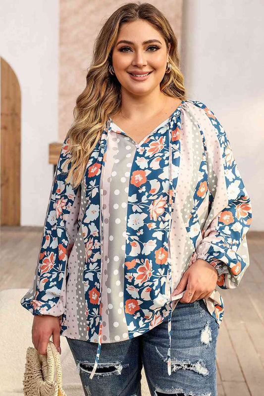 Plus Size Floral Tie Neck Blouse  Shop One Place