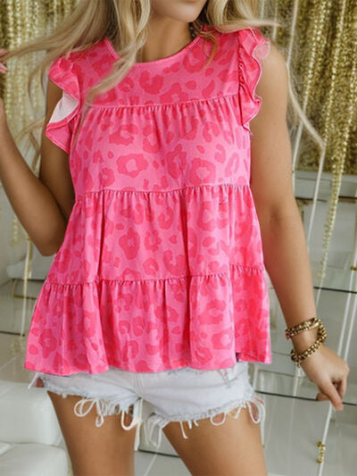 Ruffled Leopard Round Neck Tiered T-Shirt