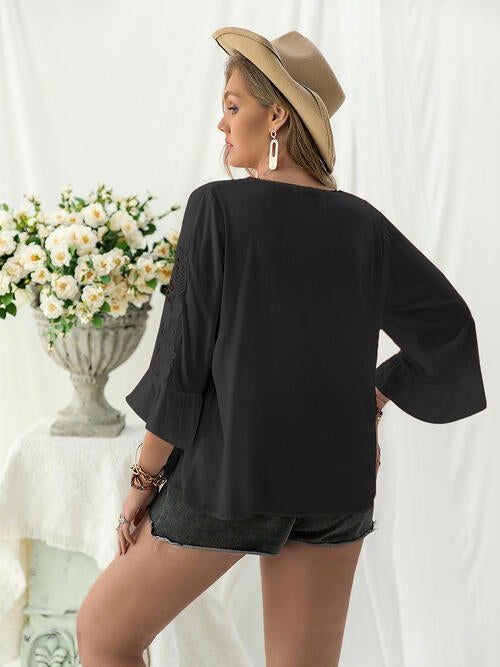 Double Take Plus Size Flower Crochet Flare Sleeve Top