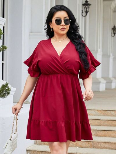 Plus Size Ruched Surplice Flounce Sleeve Mini Dress  Shop One Place