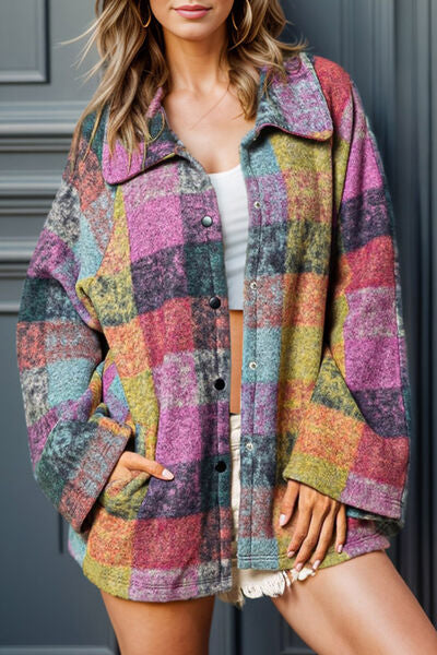 Plaid Pocketed Snap Down Jacket  Shop One Place