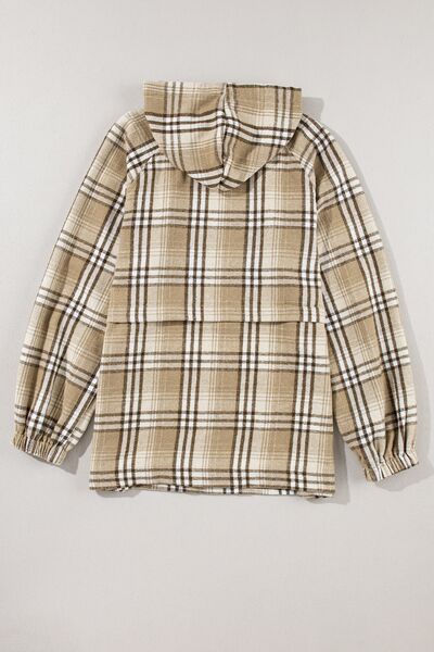 Drawstring Plaid Half Zip Raglan Sleeve Hoodie