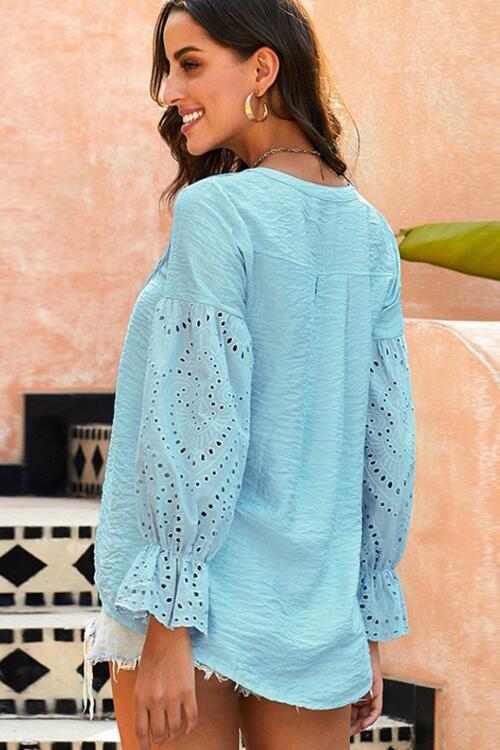 Crochet Flounce Sleeve Button Up Blouse