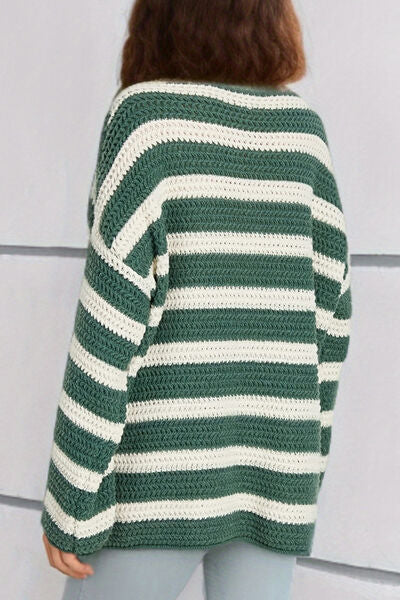 Striped Round Neck Dropped Shoulder Sweater  Shop One Place