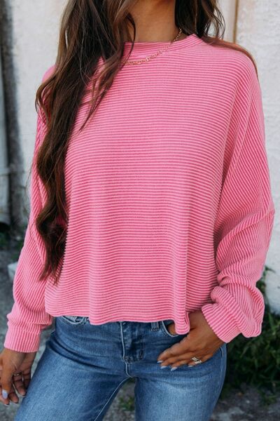 Striped Round Neck Long Sleeve Blouse