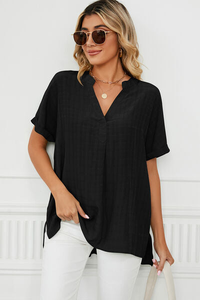 Ruched Notched Short Sleeve Blouse  Shop One Place