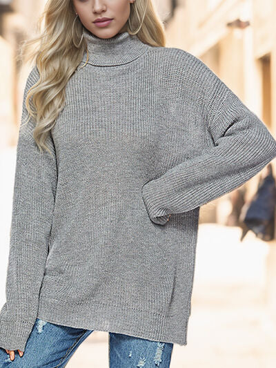 Turtleneck Drop Shoulder Long Sleeve Sweater  Shop One Place
