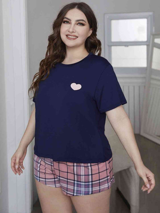 Plus Size Heart Graphic Top and Plaid Shorts Loungewear Set  Shop One Place