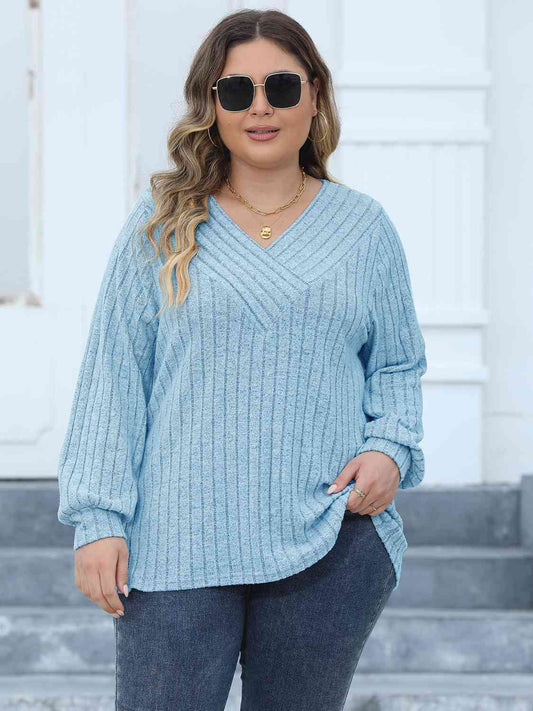 Plus Size Ribbed V-Neck Long Sleeve Top  Shop One Place